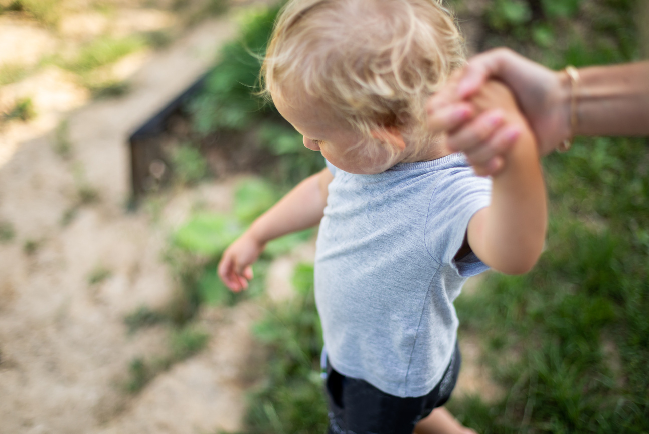 Parent holds hand of small child while walk outdoor